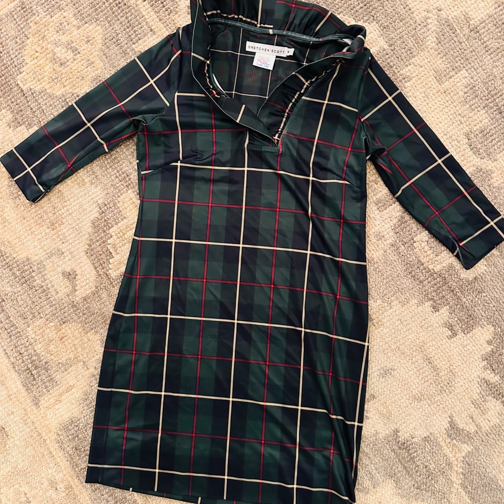 Gretchen Scott Ruffneck green and navy plaid dress size medium
